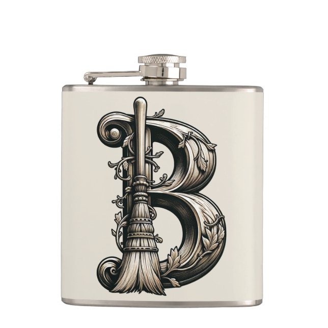 Bad Witch Witchy Broom Letter B Custom Initial  Flask (Front)