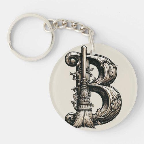 Bad Witch Witchy Broom Letter B Custom Initial  Keychain