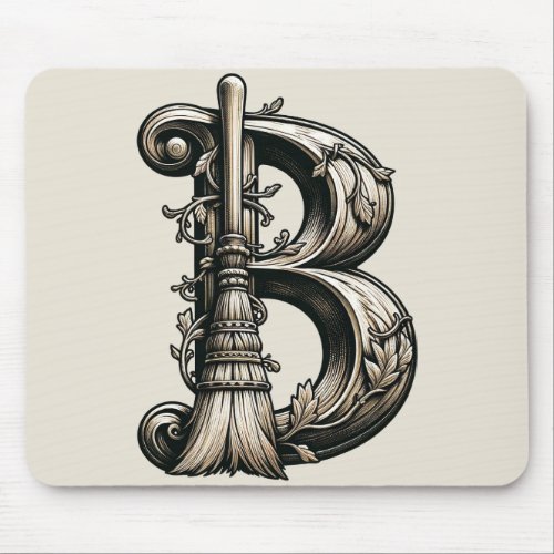 Bad Witch Witchy Broom Letter B Custom Initial  Mouse Pad