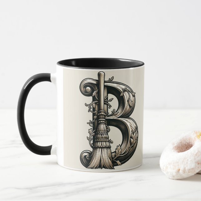 Bad Witch Witchy Broom Letter B Custom Initial  Mug (With Donut)