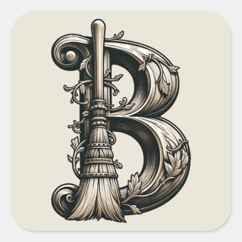 Bad Witch Witchy Broom Letter B Custom Initial  Square Sticker