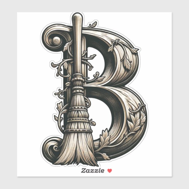 Bad Witch Witchy Broom Letter B Custom Initial  Sticker (Sheet)