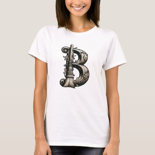 Bad Witch Witchy Broom Letter B Custom Initial  T_Shirt