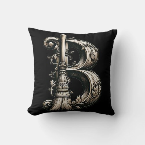 Bad Witch Witchy Broom Letter B Custom Initial  Throw Pillow