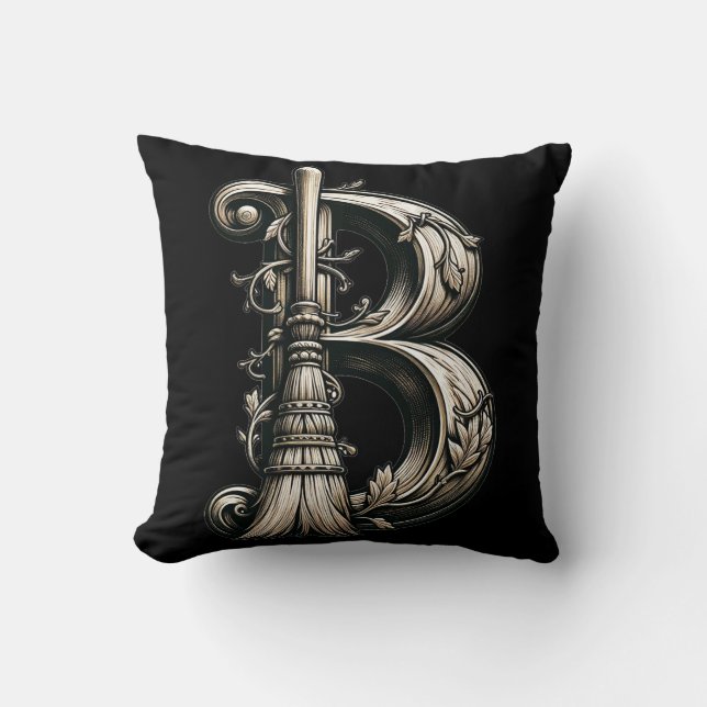 Bad Witch Witchy Broom Letter B Custom Initial  Throw Pillow (Front)