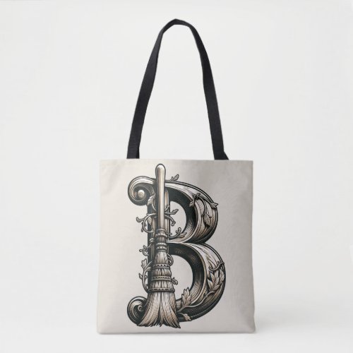 Bad Witch Witchy Broom Letter B Custom Initial  Tote Bag