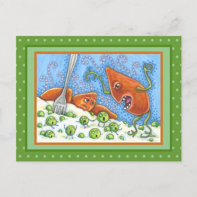 BAD YAM YELLING AT PEAS, FUNNY THANKSGIVING MEAL POSTCARD (Front)