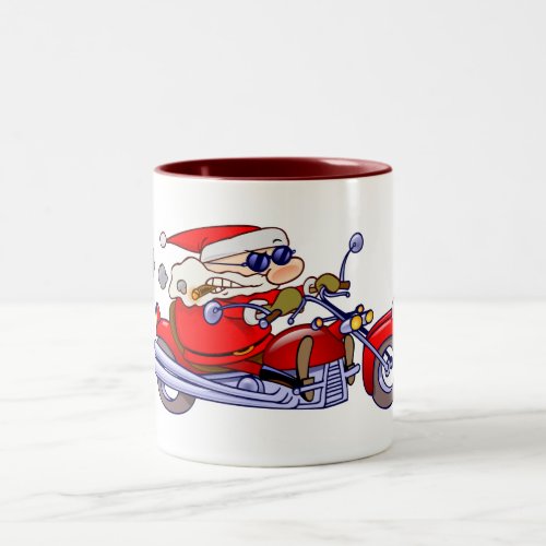 Badass Biker Santa Claus On Motorcycle Cartoon Two_Tone Coffee Mug