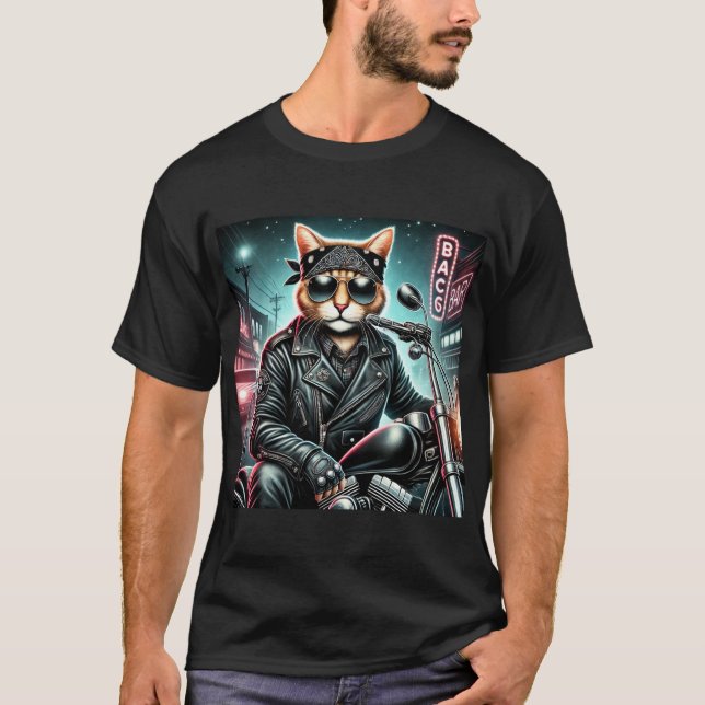 Badass Cat – Motorcycle Feline Rebel in Leather Ja T-Shirt (Front)