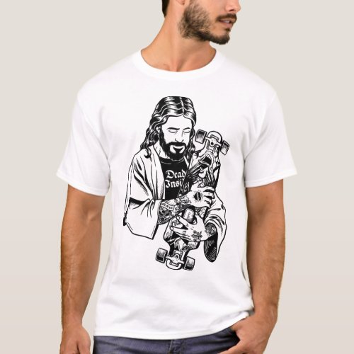 Badass Jesus Punk with Tattoos loves Skateboard An T_Shirt