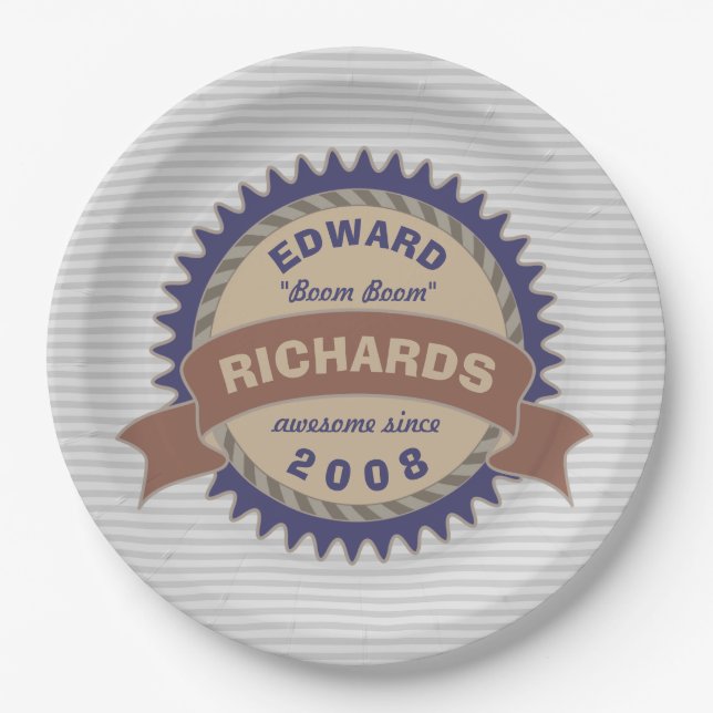 Badge Banner Monogram Brown Blue Logo Gray Stripes Paper Plates (Front)