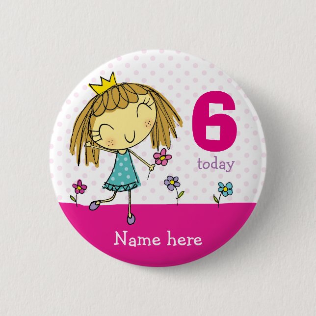 ♥ BADGE ♥ Birthday Pink Princess any age & name Button (Front)