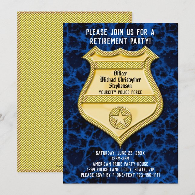 Badge Blue Marble Police Officer Retirement Party Invitation (Front/Back)