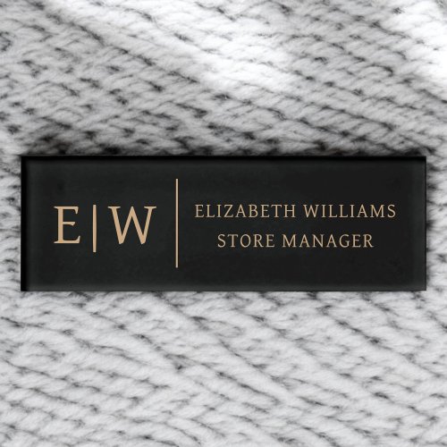 Badge Magnet Black Gold Monogram Employee Name Tag