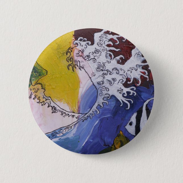 Badge of a painting inspired by Hokusai Pinback Button (Front)