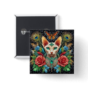 Badge White Sphynx Cat Art Button