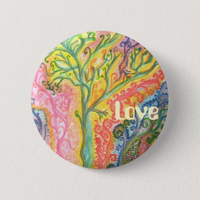 Badge with Colourful Tree Design and "Love" Button (Front)