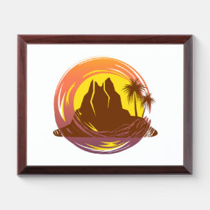 Badge with tropical volcano scenery and palm trees award plaque
