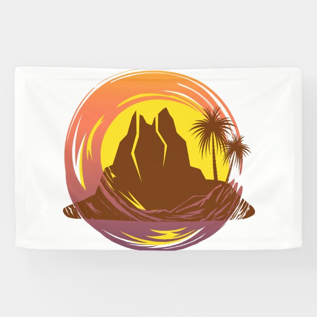 Badge with tropical volcano scenery and palm trees banner (Horizontal)