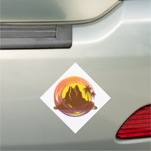 Badge with tropical volcano scenery and palm trees car magnet