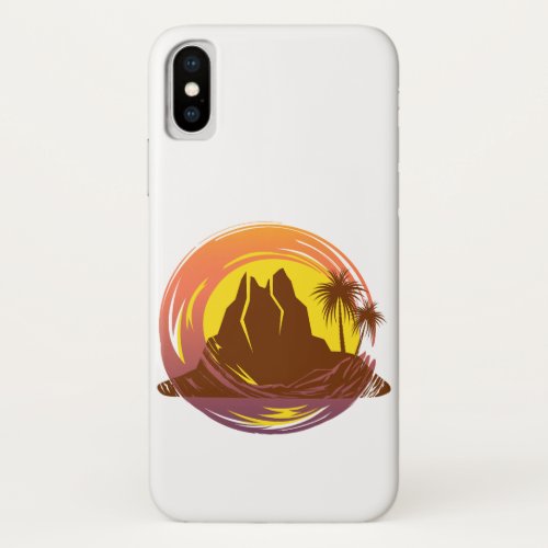 Badge with tropical volcano scenery and palm trees iPhone x case