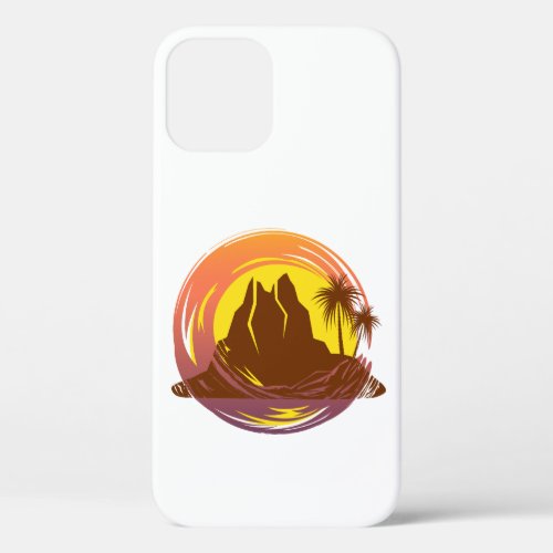 Badge with tropical volcano scenery and palm trees iPhone 12 case