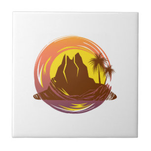 Badge with tropical volcano scenery and palm trees ceramic tile