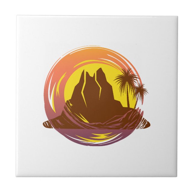 Badge with tropical volcano scenery and palm trees ceramic tile (Front)
