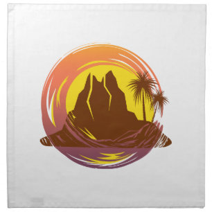 Badge with tropical volcano scenery and palm trees cloth napkin
