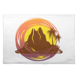 Badge with tropical volcano scenery and palm trees cloth placemat