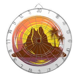 Badge with tropical volcano scenery and palm trees dart board
