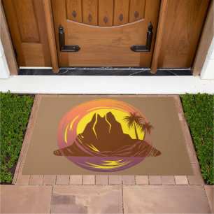 Badge with tropical volcano scenery and palm trees doormat