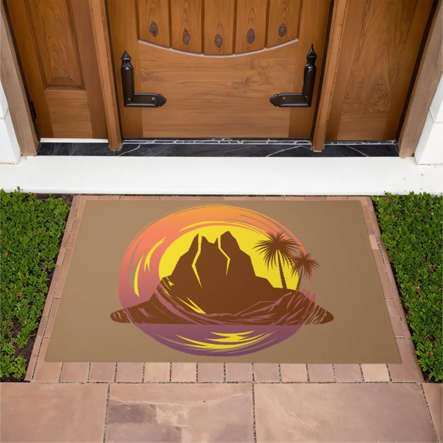 Badge with tropical volcano scenery and palm trees doormat (Outdoor)