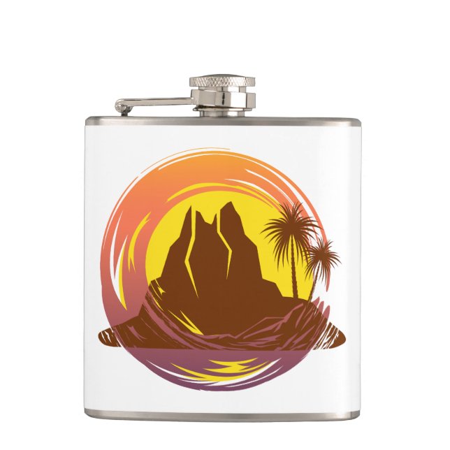 Badge with tropical volcano scenery and palm trees flask (Front)