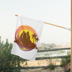 Badge with tropical volcano scenery and palm trees house flag