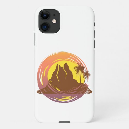 Badge with tropical volcano scenery and palm trees iPhone 11 case