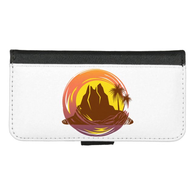 Badge with tropical volcano scenery and palm trees iPhone wallet case (Front (Horizontal))
