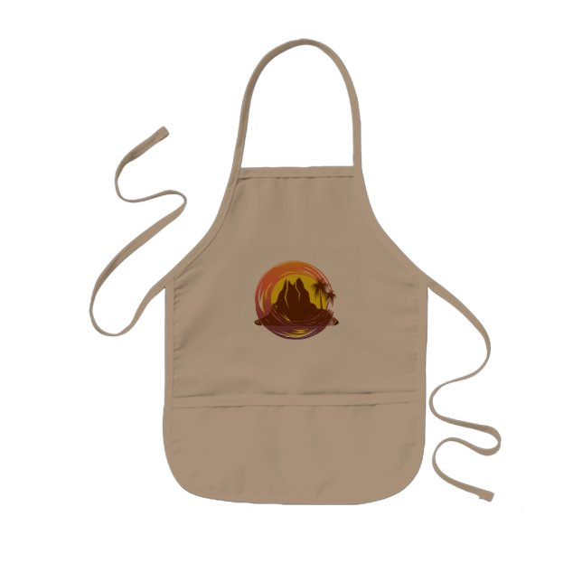 Badge with tropical volcano scenery and palm trees kids' apron (Front)