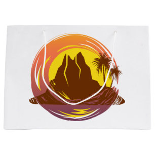 Badge with tropical volcano scenery and palm trees large gift bag