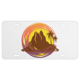 Badge with tropical volcano scenery and palm trees license plate