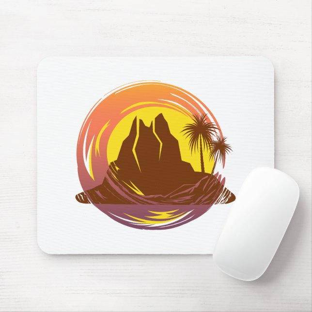 Badge with tropical volcano scenery and palm trees mouse pad (With Mouse)