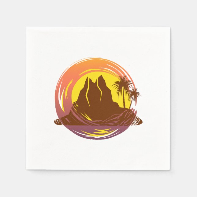Badge with tropical volcano scenery and palm trees napkins (Front)