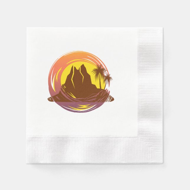 Badge with tropical volcano scenery and palm trees napkins (Front)