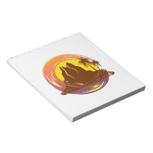 Badge with tropical volcano scenery and palm trees notepad