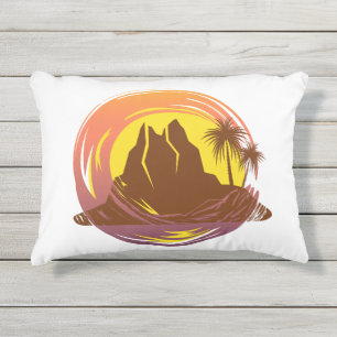 Badge with tropical volcano scenery and palm trees outdoor pillow