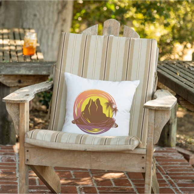Badge with tropical volcano scenery and palm trees outdoor pillow (Chair)