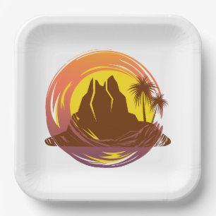Badge with tropical volcano scenery and palm trees paper plates