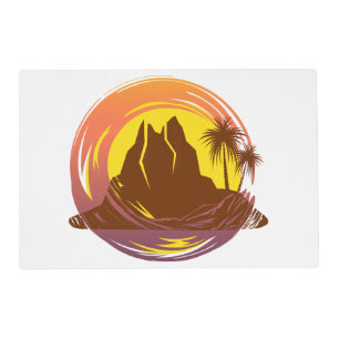 Badge with tropical volcano scenery and palm trees placemat