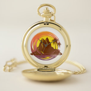 Badge with tropical volcano scenery and palm trees pocket watch