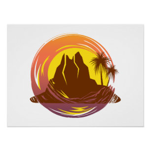 Badge with tropical volcano scenery and palm trees poster
